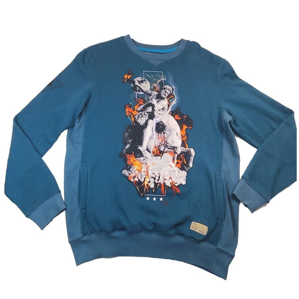 Entree LS Mens‎ Greek Roman Statue and Fire Blue Pullover Sweatshirt Size L